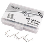 A plastic box labeled "Draper" containing 50 replacement 0.8mm U staples (HPS-A) for hot plastic staple kits. The box features three visible U-shaped staples.