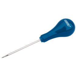 Here's the revised sentence using the given product data:

The Draper Carpenter's Scratch Awl - 500 features a blue plastic handle and a sharp chrome vanadium steel blade, perfect for making holes or indentations in materials like wood or leather.