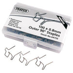 A plastic box labeled "Draper" contains 50 outer 0.8mm double U staples, with three staples displayed in front.