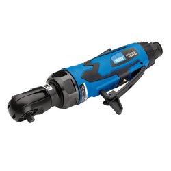 A blue and black handheld power tool, resembling a small pneumatic drill, with the brand name "Draper" visible on the side. Featuring a durable composite body, this Draper Storm Force® Stubby Air Ratchet, 1/4" Sq. Dr. - SFMAR14 is designed for low noise operation.