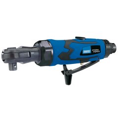 Image of a Draper Storm Force® Stubby Air Ratchet, 3/8" Sq. Dr. - SFMAR38 with blue and black casing, used for mechanical and automotive applications. Featuring a low noise, low vibration composite body ratchet, it boasts an ergonomic design with a metal head, lever, and side handle.