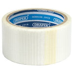 The Draper Heavy Duty Strapping Tape, 15M X 50mm - TP-PS, features a clear adhesive design with a blue inner lining labeled "Draper" and "Since 1919," and is reinforced with glass fibre mesh for added strength, making it ideal for repairing and reinforcing tasks.