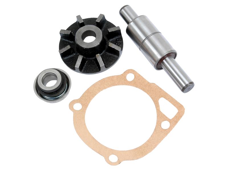 The Sparex Water Pump Repair Kit (Part No.S.65021) is ideal for Ford New Holland and Case IH models and comprises a metal spindle, bearing, gasket, and a black impeller with multiple blades.