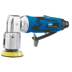 The Draper Storm Force® Mini Air Sander, 50mm - SFAS50 features a blue and silver pneumatic angle die grinder with a black handle, a yellow polishing pad attachment, and a variable speed motor for precise control. This air sander is designed for low noise operation, making it ideal for detailed work without the usual loud disruptions.