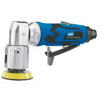 The Draper Storm Force® Mini Air Sander, 50mm - SFAS50 features a blue and silver pneumatic angle die grinder with a black handle, a yellow polishing pad attachment, and a variable speed motor for precise control. This air sander is designed for low noise operation, making it ideal for detailed work without the usual loud disruptions.