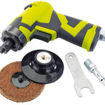 Introducing the Draper Storm Force® Compact Composite Air Sander, 75mm - SFAS75 by Draper: a low noise air sander with an ergonomic design, featuring a green and black handle. It comes complete with a sanding disc, backing pad, wrench, and air hose adapter.