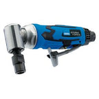 A 90° mini air die grinder with a black handle, grey metal head, and attached air hose fitting. The Draper Storm Force® SFAG90 features a variable speed motor and is labeled "Storm Force".