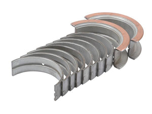 A set of metal engine bearing shells arranged in a semicircular stack, featuring alternating silver and copper-colored surfaces, labeled Sparex S.65225 (Main Bearing +0.020'' (0.50mm) (Set)) as an alternative to other options.