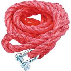 A coiled red Draper Tow Rope with a safety hook, metal clasp, and flag, capable of handling up to 4000Kg (Model: TR4000).