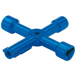 The Draper 4 Way Service Utility Key - PUK by Draper is a blue plastic valve key featuring four different socket ends, making it ideal for use with electric meter cabinets, and is shown on a white background.