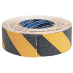 The Draper Heavy Duty Safety Grip Tape Roll, measuring 18 meters by 50mm, with alternating black and yellow diagonal stripes (TP-S/GRIP/HZ), is shown; it's perfect for slippery outdoor surfaces to prevent slips and falls.