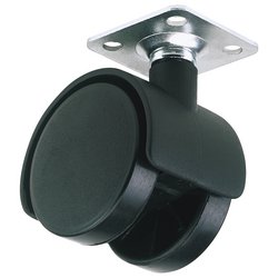 The Draper Twin Nylon Plate Castor, 40mm Diameter, with a safe working load of 25Kg - model number 60140P, features a black swivel caster wheel with a metal mounting plate designed for internal use in furniture applications.