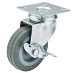 The Draper Swivel Plate Fixing Rubber Castor with Brake (75mm Diameter, S.W.L. 70Kg - 60275PB) features non-marking gray rubber tyres and a sturdy metal mounting plate.