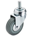 The Draper Swivel Bolt Fixing Rubber Castor, 75mm Diameter, S.W.L. 70Kg - 60275B features a threaded stem with a 12mm diameter swivel bolt fixing. It comes with a gray rubber wheel and non-marking tires enclosed in a metal housing, all neatly packed in a polybag with label.