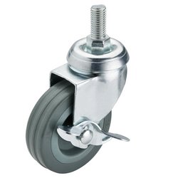 A Draper Swivel Bolt Fixing Rubber Castor With Brake, featuring a 75mm diameter wheel in gray with a metal bracket, threaded stem, and non-marking tires, supports up to 70kg.