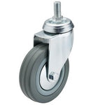 The Draper Swivel Bolt Fixing Rubber Castor, 100mm Diameter, S.W.L. 80Kg - 602100B is a gray rubber caster wheel equipped with a metal bracket and non-marking tyres. It features a threaded stem attachment with a 12mm diameter swivel bolt and comes packaged in a polybag with label.