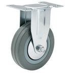 A Draper Fixed Plate Fixing Rubber Castor with a 100mm diameter, an S.W.L. of 80Kg, gray rubber construction, and non-marking tyres, complete with a metal mounting bracket and packaged in a polybag.