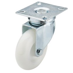 The Draper Swivel Plate Fixing Nylon Wheel with a 75mm diameter and a safe working load of 70Kg, model 60475P, comes in white and features a metal mounting plate. It is designed for quiet operation and robust load-carrying capability.