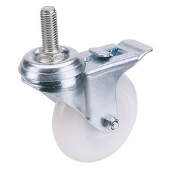 The Draper Swivel Bolt Fixing Nylon Wheel With Brake, featuring a 75mm diameter and a safe working load of 70kg, ensures quiet running with its threaded stem for mounting.