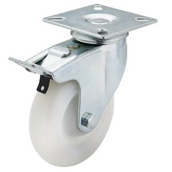 The Draper Swivel Plate Fixing Nylon Wheel With Brake, 100mm Diameter, S.W.L. 125Kg - 604100PB is a versatile swivel caster with a nylon wheel and a sturdy metal mounting plate. It features a side brake for secure stopping and its quiet running design ensures smooth and silent movement on any surface.