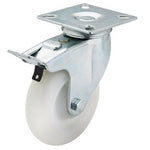 The Draper Swivel Plate Fixing Nylon Wheel With Brake, 100mm Diameter, S.W.L. 125Kg - 604100PB is a versatile swivel caster with a nylon wheel and a sturdy metal mounting plate. It features a side brake for secure stopping and its quiet running design ensures smooth and silent movement on any surface.