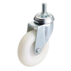 A Draper Swivel Bolt Fixing Nylon Wheel, 100mm in diameter, with a white finish and a metal mounting bracket featuring a 12mm swivel bolt diameter, offers quiet running and a strong load carrying capacity of up to 125kg.