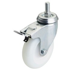 The Draper Swivel Bolt Fixing Nylon Wheel With Brake, featuring a 100mm diameter and an impressive Safe Working Load (S.W.L.) of 125kg, comes with a threaded stem for easy attachment and a built-in brake lever on the side.