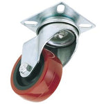 The Draper Swivel Plate Fixing Polyurethane Wheel, 50mm in diameter and with a safe working load of 50 kg, features a red polyurethane tire known for its high tear strength and impressive load carrying capacity. It includes a metal mounting bracket and is presented at an angle for detailed viewing.