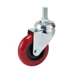 The Draper Swivel Bolt Fixing Polyurethane Wheel, 75mm Diameter, S.W.L. 70Kg - 60575B, features a red wheel with a metal bracket and threaded stem for easy maneuverability and high tear strength to ensure robust load-carrying capacity.