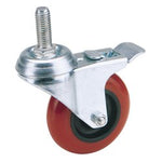 The Draper Swivel Bolt Fixing Polyurethane Wheel With Brake, featuring a 75mm diameter, metal housing with a threaded stem, and a swivel lock mechanism, offers good load carrying capacity up to 70kg.