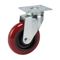 A Draper Swivel Plate Fixing Polyurethane Wheel, 100mm Diameter, S.W.L. 125Kg - 605100P features a metal mounting plate, swivel mechanism, and a durable polyurethane wheel.