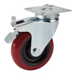 A Draper swivel plate fixing polyurethane wheel with brake, 100mm diameter and safe working load of 125kg, featuring a red color, rubber construction, metal mounting plate and brake lever for secure attachment - Model 605100PB.