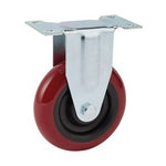 The Draper Fixed Plate Fixing Polyurethane Wheel, featuring a 100mm diameter and a safe working load of 125Kg, comes with red high tear strength rubber wheels and a sturdy metal bracket for fixed plate installation.