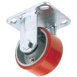 The Draper Fixed Plate Fixing Heavy Duty Polyurethane Wheel, 100mm Diameter, S.W.L. 250Kg - 606100F, features a red industrial caster wheel with a durable metal mounting bracket, four bolt holes, and polyurethane wheels known for their high tear strength.