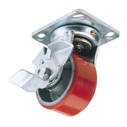 The Draper Swivel Plate Fixing Heavy Duty Polyurethane Wheel With Brake (model 606125PB) features a 125mm diameter, steel wheel centre, metal mounting plate, and a foot-operated brake mechanism. It is red in color and has a Safe Working Load (SWL) of 300Kg.