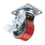 The Draper Swivel Plate Fixing Heavy Duty Polyurethane Wheel With Brake (model 606125PB) features a 125mm diameter, steel wheel centre, metal mounting plate, and a foot-operated brake mechanism. It is red in color and has a Safe Working Load (SWL) of 300Kg.