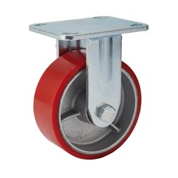 A red and silver metal Draper Fixed Plate Fixing Heavy Duty Polyurethane Wheel with a diameter of 125mm, designed with needle roller bearing for enhanced load carrying capacity, features a mounting plate on top and has a safe working load of 300kg.