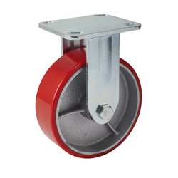 A single Draper Fixed Plate Fixing Heavy Duty Polyurethane Wheel, 160mm in diameter and capable of supporting up to 400Kg, features a durable red and silver design with a metal bracket and steel wheel centre.