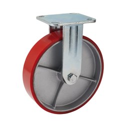 The Draper Fixed Plate Fixing Heavy Duty Polyurethane Wheel, 200mm in diameter (606200F), features a mounting plate and bolt attachment at the top and offers an exceptional load carrying capacity of up to 500 kg.