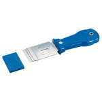 The Draper Window Scraper - WS2 features a blue handle, a stainless steel blade, and comes with an additional blue blade cover.