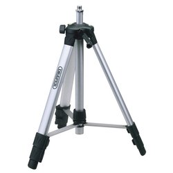 The Draper Tripod For Laser Levels - LL/TP is a silver and black camera tripod with three extendable legs, rubber feet, and an adjustable center column.