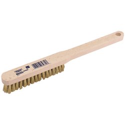 The Draper Brass Fill Wire Hand Brush, 225mm - 4860, features an expert-quality design with a wooden handle and a convenient hole at the end.