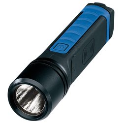 The Draper Smd Led Wireless/Usb Rechargeable Hand Torch, WL/HT1000, is a 10W black and blue handheld flashlight featuring a textured grip and an on/off button near the head, IP68 water resistance, and produces 1000 lumens.