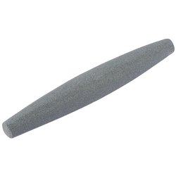 The Draper Round Tapered Aluminium Oxide Scythe Stone, measuring 300mm, features a long cylindrical shape with a distinctive cigar pattern in grey. This sharpening stone is made from Aluminium oxide A96.