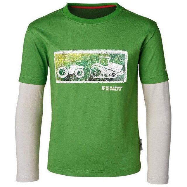 A 100% cotton, green Fendt - Kids' Longsleeve Shirt (model X991018162) by AGCO, featuring a tractor graphic and the word "Fendt" on the front.