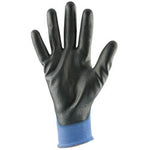 The Draper Hi-Sensitivity Gloves, Medium (Screen Touch) - SFPUG/ST, shown palm up, are black work gloves with a blue cuff and feature polyurethane coated palms.