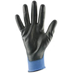 Displayed palm side up on a white background, the Draper Hi-Sensitivity Touch Screen Gloves (model SFPUG/ST) feature a black, rubber-coated glove with a blue fabric cuff. These extra-large gloves have polyurethane-coated palms and are perfect for handling touch-screen devices.