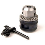 A Draper Mt2/16mm Geared Chuck - YGC with a black key placed beside it on a white background.