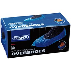 A box of Draper Disposable Overshoe Covers (Box Of 100) - OS100/B, made from chlorinated polyethylene, featuring an image of a blue overshoe on a foot and product information on the packaging. The elastic opening ensures a snug fit for added convenience.