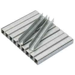 A set of Draper Staples, 8mm (Pack Of 1000) - ST3/B/FS8, arranged in neat rows with a few staples standing upright in the center.